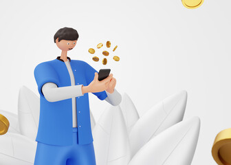 The guy looks into the phone on an isolated white background with plants and coins. 3d rendering