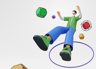 A man is hovering in vr glasses, near 3d objects, on an isolated white background. 3d rendering