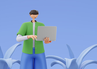 A man stands, looks and clicks on a laptop on a blue background with plants. 3d rendering
