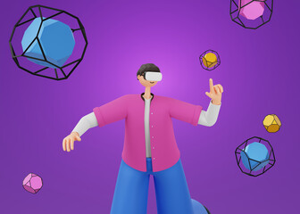 A man hovers in glasses, touches 3d objects, on an isolated bright background. 3d rendering