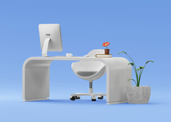 White table with computer and chair, plants. Minimal 3d rendering