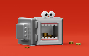 Safe on a red background, with money, eyes and mouth. 3d rendering