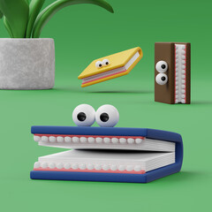 Living books with eyes and mouth on a green background. 3d rendering