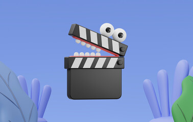 Live clapper with eyes and mouth on a blue background. 3d rendering