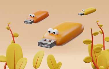 Live flash drives with eyes and mouth. 3d rendering