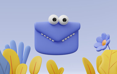 Lively envelope with face on a blue background. 3d rendering