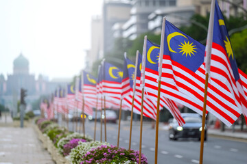 The Malaysia flag is also known as Jalur Gemilang waving with a city in the background.
