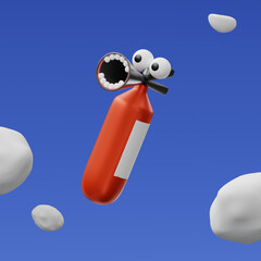 Live fire extinguisher with face on a blue background. 3d rendering