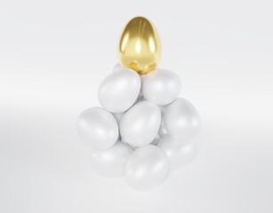 A pile of eggs with a golden egg at the very top, an illustration on the theme of the right choice 3d render