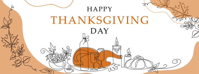 Happy Thanksgiving Day concept. Horizontal greeting banner. Elements drawn with a single line. Cute vector illustration.