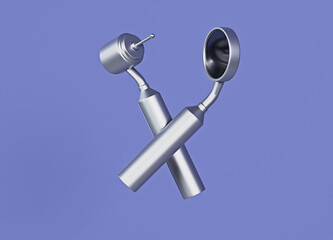 Dental instruments on an isolated blue background illustration on the theme of dentist services 3d render