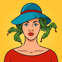 Young beauty woman with snakes from under the hat as Medusa Gorgo pop art retro raster illustration. Comic book style imitation.
