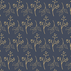 Organic herb twig with berry dark seamless pattern illustration