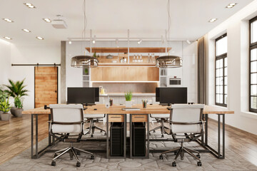Modern open plan office interior with kitchen. Desktop computer, keyboard, wooden table, pendant lamp, parquet, white ceiling and decoration 3d rendering