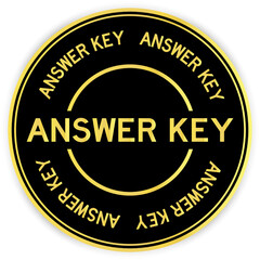 Black and gold color round label sticker with word answer key on white background