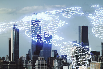 Virtual digital map of North America on New York city skyline background, international trading concept. Multiexposure