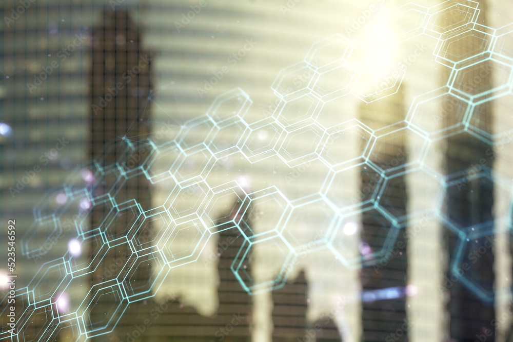 Poster abstract virtual wireless technology hologram with hexagon on office buildings background. big data 