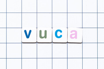 Colorful tile letter in word VUCA (abbreviation of Volatility, uncertainty, complexity and...