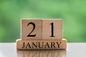 January 21 calendar date text on wooden blocks with blurred background park. Copy space and...