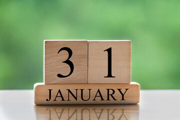 January 31 calendar date text on wooden blocks with blurred background park. Copy space and...