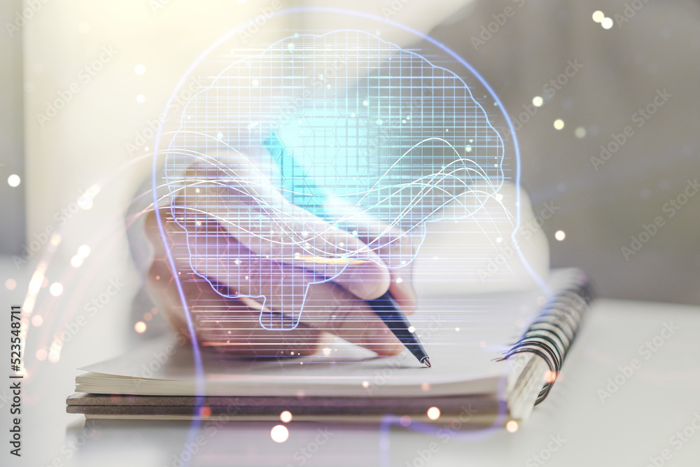 Aufkleber Double exposure of creative human head microcircuit with man hand writing in notepad on background. Future technology and AI concept