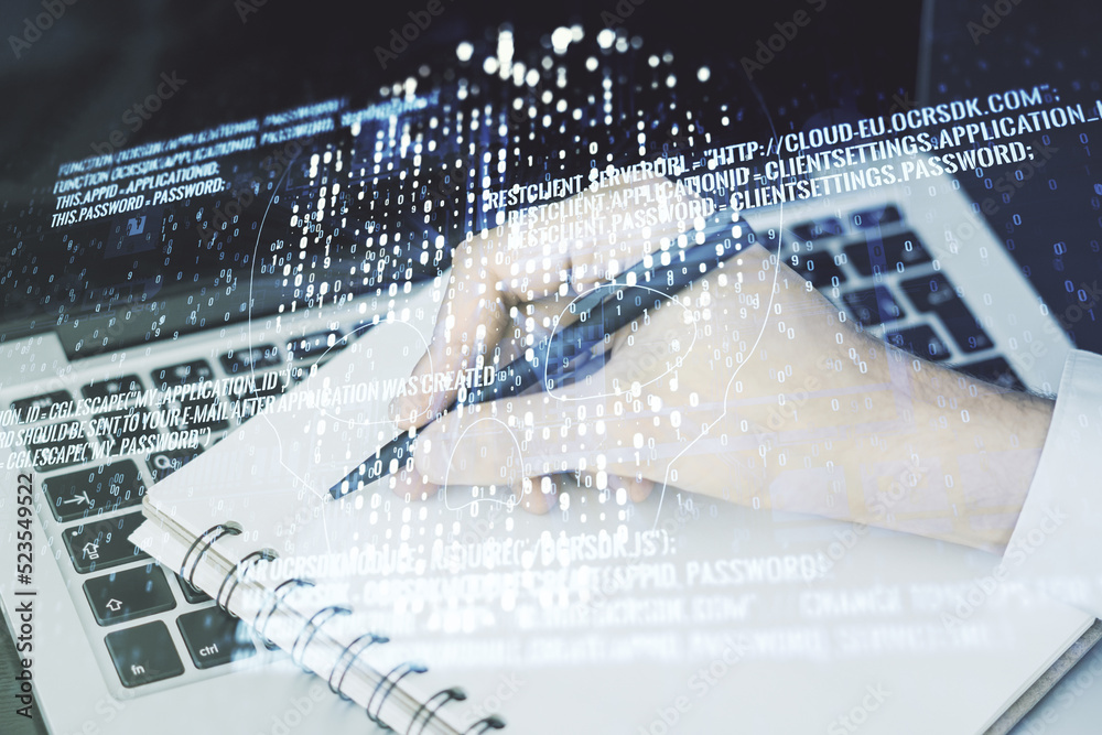 Poster creative code skull hologram and hand writing in diary on background with laptop, cybercrime and hac