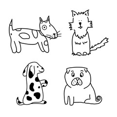 Set of funny dogs. Black and white color. Doodle cartoon style. Hand draw cute dogs in sketch style.