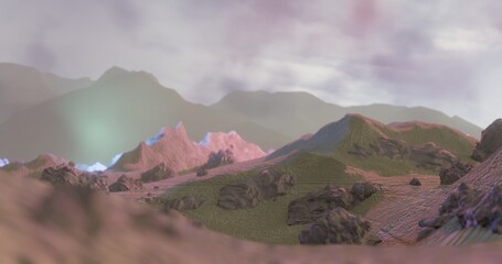 3D render paisaje con montañas, niebla y luz irreal © Panki Rodriguez