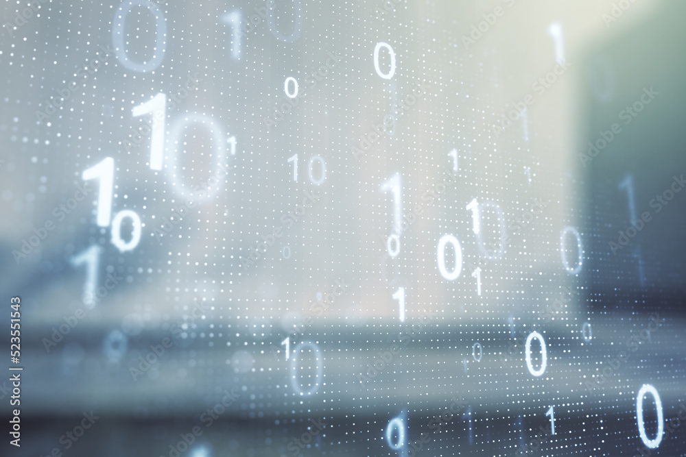 Leinwandbilder double exposure of abstract virtual binary code hologram on modern business center exterior backgrou