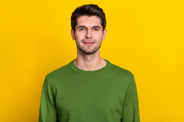 Fototapeta premium Photo of pretty attractive young guy dressed green pullover smiling isolated yellow color background
