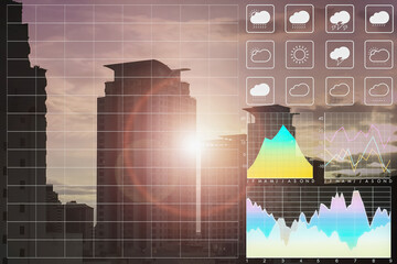 Weather forecast symbol data presentation with graph and chart for weather forecast presentation background with bright sunset twilight sky on silhouette skyscrapers.