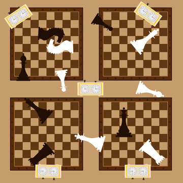 Seamless vector pattern of chessboards on a light brown background. Chess pieces and clocks in random order.