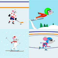 Collection of cute little mice on a different background. Funny cartoon animals in winter sports. Flat vector illustration.