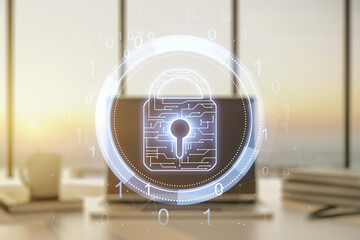 Creative light lock illustration with microcircuit on modern computer background, cyber security concept. Multiexposure