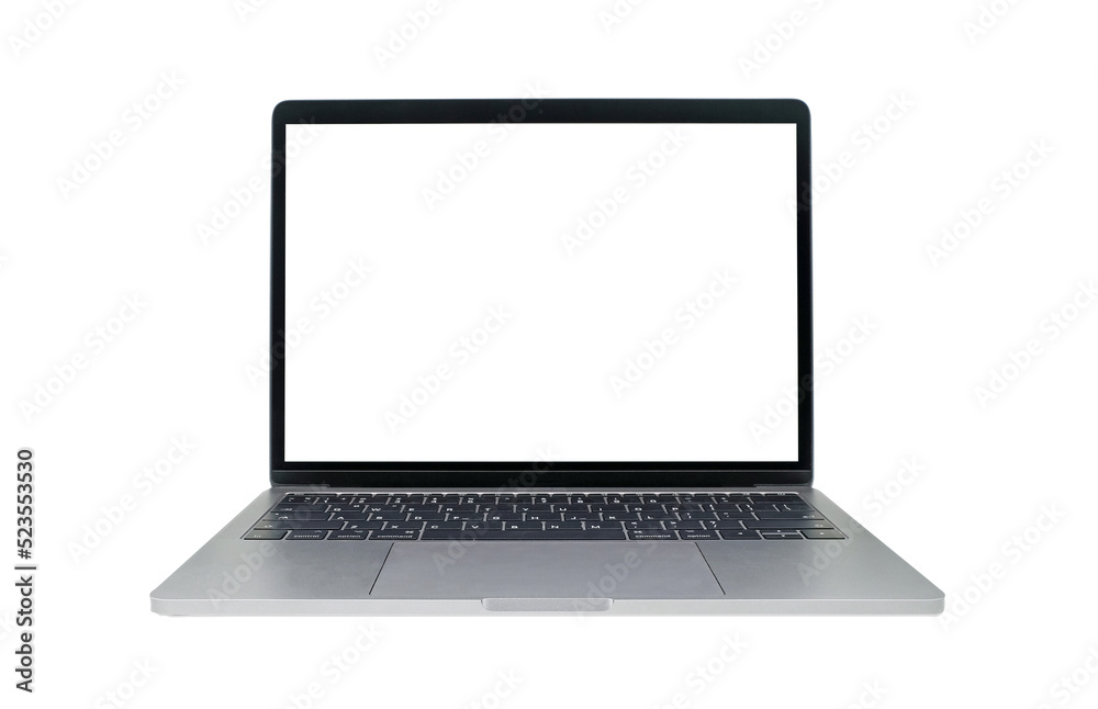 Wall mural closeup laptop computer with blank white screen isolated on transparent background with clipping pat