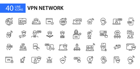 Fototapeta na wymiar 40 VPN secure network and user data protection icons. Pixel perfect, editable stroke