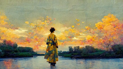 Naklejka na ściany i meble Junge Frau in gelbem Kimono, wartend auf die Rückkehr des Mannes, Collage