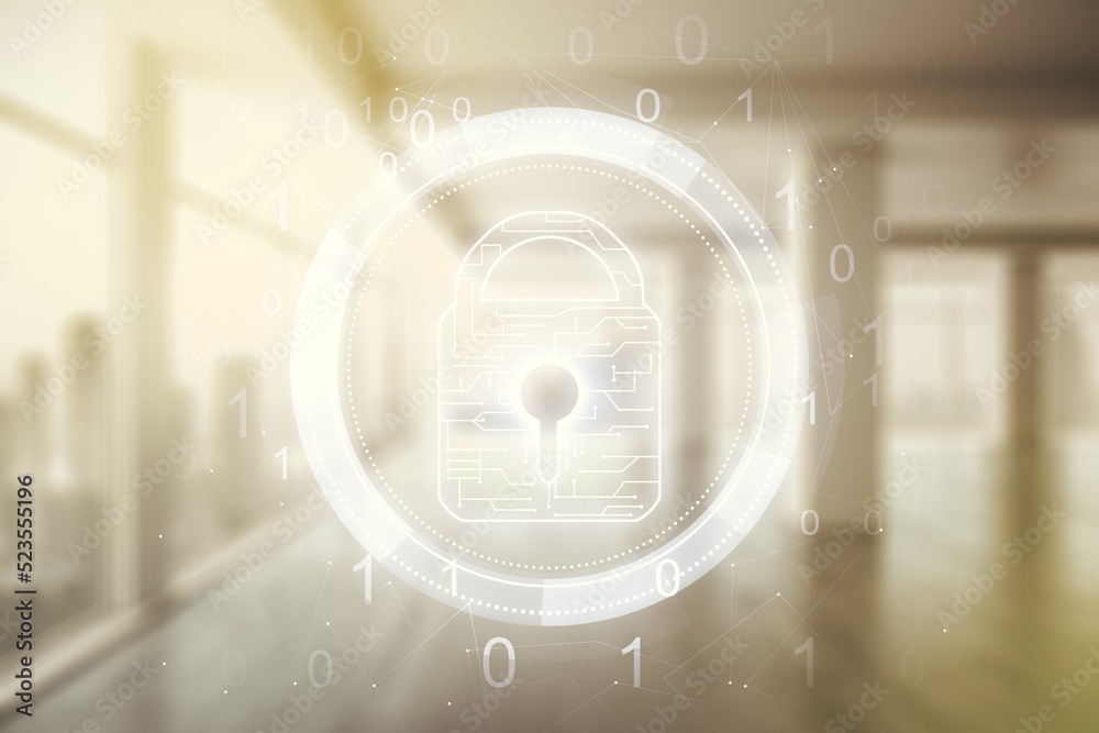Poster virtual creative lock symbol and microcircuit illustration on empty corporate office background. pro