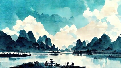 Traditional chinese ink painting with blue and black colors. Scenery, landscape, water, lake with hills or mountains. 4k wallpaper. Asian drawing. © Fortis Design
