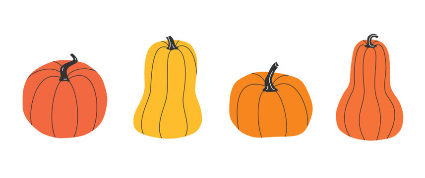 Hand drawn cute cartoon illustration of pumpkin set. Flat vector Halloween and Thanksgiving sticker in simple colored doodle style. Fall or autumn harvest icon or print. Isolated on white background.
