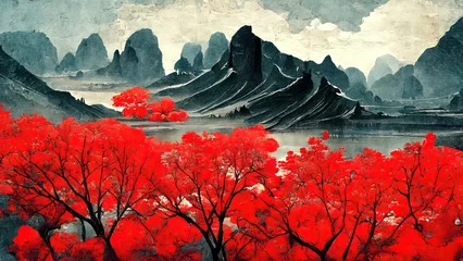 Raamstickers Traditioneel schilderij Chinees inktrood landschap. Schilderij van heuvels, bomen op getextureerd papier. Oud Aziatisch, Japans ontwerp. 4k tekening. Prachtig kunstwerk. © Fortis Design