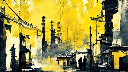 Chinese ink painting. Yellow and black colors, 4k wallpaper, background. Traditional  asian artwork. Landscape, hills, flowers, village. Autumn feeling on textured paper.