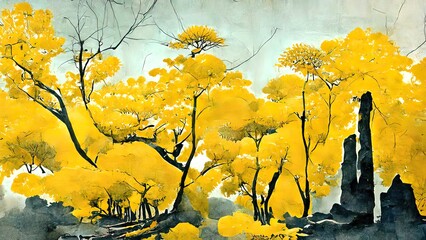 Chinese ink painting. Yellow and black colors, 4k wallpaper, background. Traditional  asian artwork. Landscape, hills, flowers, village. Autumn feeling on textured paper.