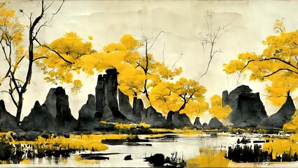 Chinese ink painting. Yellow and black colors, 4k wallpaper, background. Traditional  asian artwork. Landscape, hills, flowers, village. Autumn feeling on textured paper. © Fortis Design