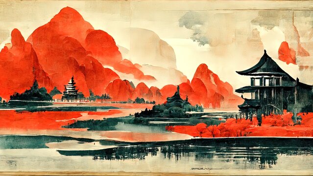 Traditional painting chinese ink red landscape. Painting of hills, trees on a textured paper. Old Asian, japanese design. 4k drawing. Beautiful artwork.