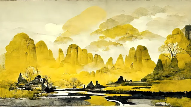 Chinese ink painting. Yellow and black colors, 4k wallpaper