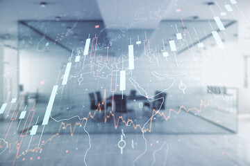 Multi exposure of virtual abstract financial chart hologram and world map on modern corporate office background, research and analytics concept