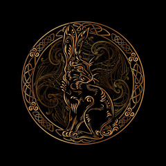 Exquisite golden ornate stylized rabbit. Zodiac sign, Horoscope.  Spiritual, esoteric, totem symbol. Ethnic tribal patterns with elements of Ar Nouveau and Boho.