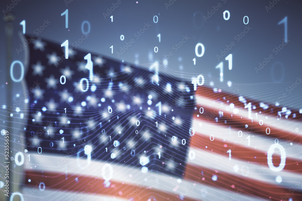 Poster abstract virtual binary code illustration on us flag and blue sky background. big data and coding co