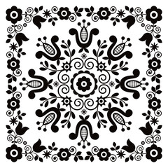 Polish traditional folk art vector greeting card design with floral frame, retro ornament on black and white
